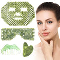 Demissle 4 Pcs Jade Eye Mask Jade Stone Facial Mask Scrap Massage Tool Hair Comb Facial Eye Cooling Stone Massage Tools for Puffy Eyes Dark Circles Gift(Dark Green)