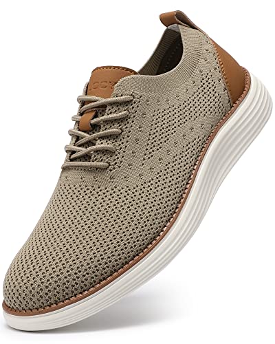 VILOCY Men's Casual Dress Sneakers Oxfords Business Shoes Lace Up Lightweight Comfortable Breathable Walking Knit Mesh Fashion Sneakers Tennis Khaki,EU40