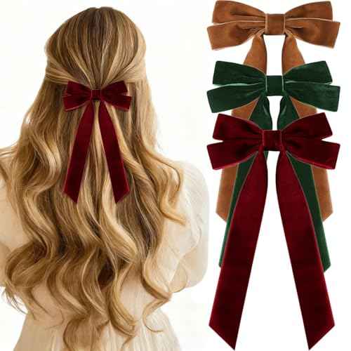 3 Pack Fall Hair Bows for Women Girls Velvet Bow Hair Accessories with Alligator Clips Big Ribbon for Autumn Christmas Winter Hair Decor (Burgundy, Green, Brown, Velvet)