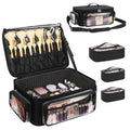Large Makeup Case Cosmetic Organizer Box Brush Holder, Travel Makeup Train Case with 3 Clear Bags, Professional Makeup Artist Bag Cosmetic Case with Adjustable Dividers and Shoulder Strap