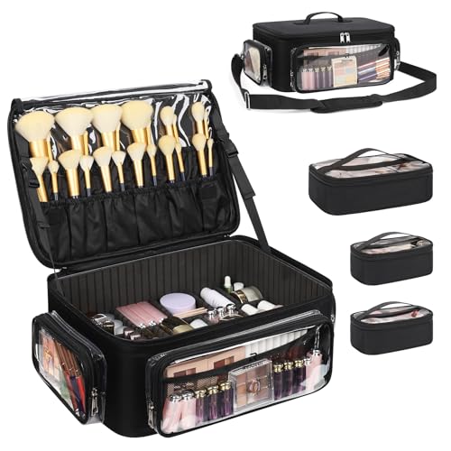Large Makeup Case Cosmetic Organizer Box Brush Holder, Travel Makeup Train Case with 3 Clear Bags, Professional Makeup Artist Bag Cosmetic Case with Adjustable Dividers and Shoulder Strap