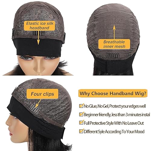 Straight Bob Headband Wig Human Hair None Lace Wigs for Black Women Glueless Short 100% Brazilian Virgin Head Band Easy to Install Half with Free