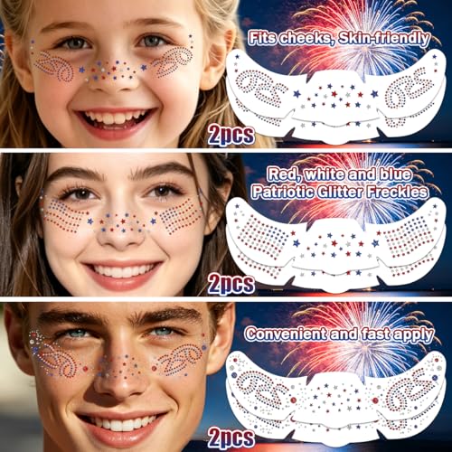 4th of July Temporary Tattoos & Face Gems Set - 6 Pcs Glitter Stickers