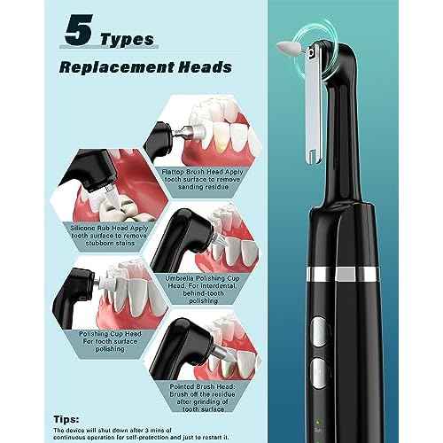 Tooth Polisher, Rechargeable Tooth Whitening Kit for Teeth Cleaning and Whitening, with 3 Tooth Polish Paste and 5 Brush Heads, LED Light, Easy to Use at-Home Personal Dental Care Kit (Black)