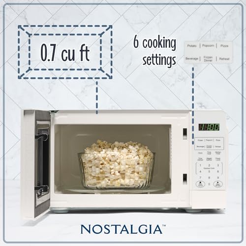 Nostalgia Modern Retro Countertop Microwave Oven - 700-Watt - 0.7 cu ft - 12 Pre-Programmed Cooking Settings - Digital Clock - Kitchen Appliances - White