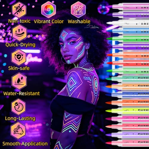 UV Neon Glow Face Paint Markers - 9 Dual-Ended, 18 Colors