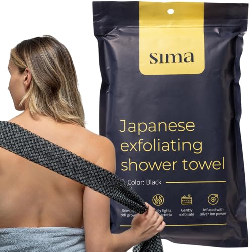 Exfoliating Washcloth Face & Body Scrub Towel - Japanese Exfoliating Towel with Hexagon Fibers, Body Scrubber with 2 Sides for Scrubbing & Washing, Extra Long Body Towels (Black)