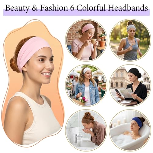 Women’s Non-Slip Athletic Headbands - 6 Pack, Wide & Soft Sports Sweatbands