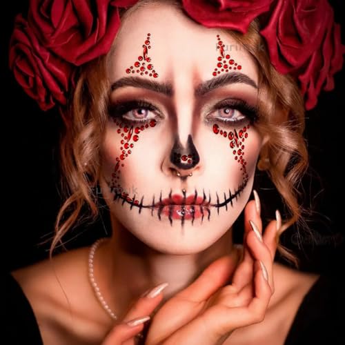 2 Pack Red Rhinestone Face Tattoo Stickers for Halloween