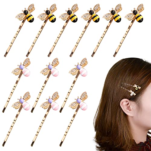 Luckycivia 12 Pcs Metal Cute Bee Hairpin, Exquisite Alloy Crystal Bee Hair Side Clips, Honeybee Hair Accessories for for Women Girls and Teen (2 Colors)