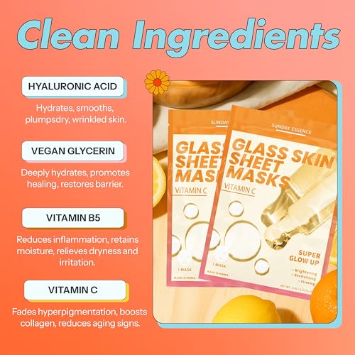 Vitamin C Face Mask For Glass Skin ? Hydration & Revitalization For Dull Skin ? Dermatologist Tested, Anti-Aging Korean Skin Care ? Vegan, Cruelty-Free, Clean Beauty ? 5 Sheets