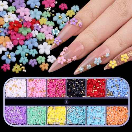 3D Colorful Flower Nail Art Charms, White Pink Acrylic Cherry Blossom Spring Petal Metal Gold Silver Round Caviar Beads Studs Pearl Rhinestones for Manicure Craft DIY (7-K3-solid)