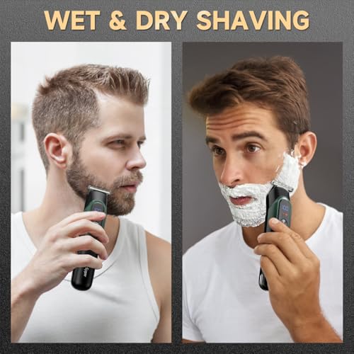Beard Trimmer for Men: Professional Barber Hair Clippers, 5-in-1 Cordless Grooming Kit, Rechargeable Electric Razor & Shaver for Face, Mustache, Body, Ear, Nose Hair Trimmer with LED Display, Cyan