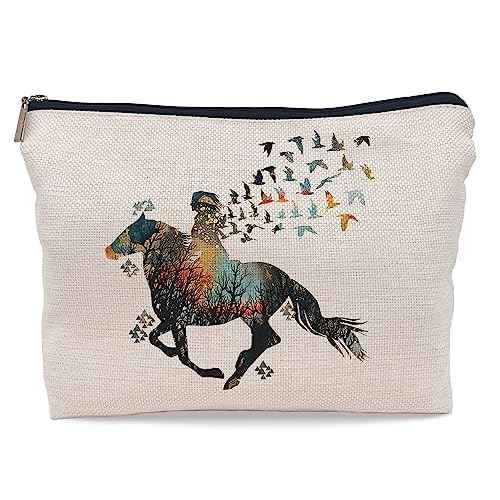 Watercolor Girl Riding Horse Horseback with Birds Makeup Bag Cosmetic Bag Zipper Pouch Toiletry Bags,Gifts for Horse Lovers Women Girls Horse Riders