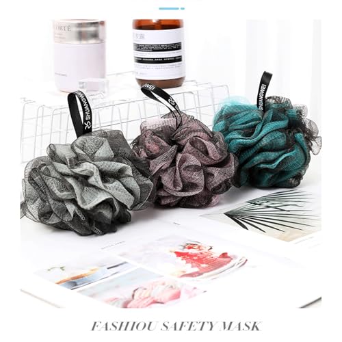 Bath Shower Loofah Sponge Pouf Ball 75g/Piece Body Scrubber Bamboo Exfoliator Body Wash Sponge Shower Puff Set of 3 Charcoal Green, Black & Pink, Bath Sponge for Men and Women (Black Pink)