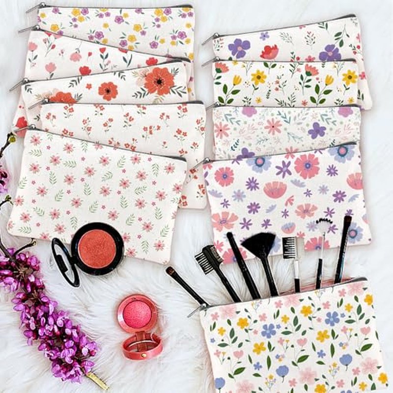 20PCS Flower Canvas Makeup Bags Bulk Floral Cosmetic Bags for Women and Girls Multicolor Travel Pouch Wildflower Canvas Toiletry Bag Bulk Makeup Organizer Bags for Friendgiving Friend Gifts