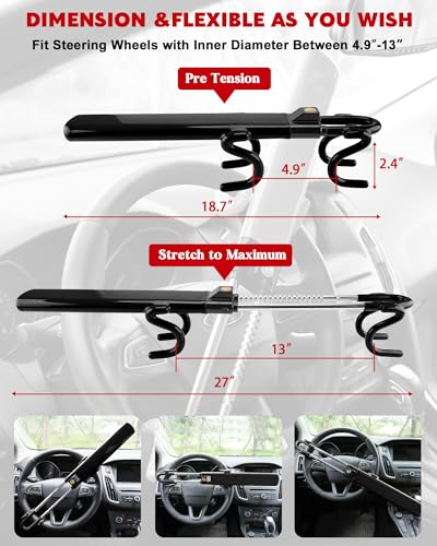 Tevlaphee Steering Wheel Lock Anti-Theft Car Device Heavy Duty Security Car Lock Antitheft Locking Devices Great Deterrent Adjustable Car Wheel Lock Anti Theft for Vehicle Truck with 3 Keys(Black)