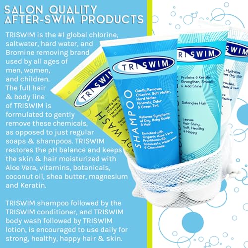 TRISWIM Pack of 4 Swim Care Set | Chlorine Removal Shampoo, Conditioner, Body Wash & Lotion, 8.5 fl oz Each | Removes Chlorine from Hair & Skin | Hydrates, Repairs & Protects Swimmers