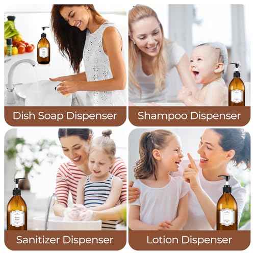 Amber Glass Soap Dispenser with Pump 16 oz, Homepicker Hand and Dish Soap Dispenser Set for Body Oil, Brown Glass Bottles with 1 Extra Pump Tops, Black Caps, Labels (2 Pack)
