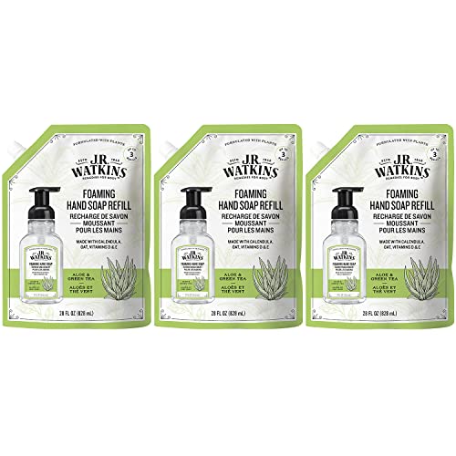 J.R. Watkins Foaming Hand Soap Refill, Moisturizing Foam Hand Wash, All Natural, Alcohol-Free, Cruelty-Free, USA Made, Aloe Green Tea, 28 fl oz, 3 Pack