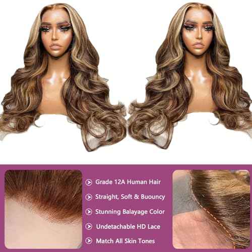 Balayage Honey Blonde Highlights Wig Human Hair, Body Wave 13x6 Lace Front Wigs Human Hair, 22 Inch Ombre Brown Balayage Caramel Blonde Highlights Glueless Lace Frontal Wigs Human Hair Pre Plucked