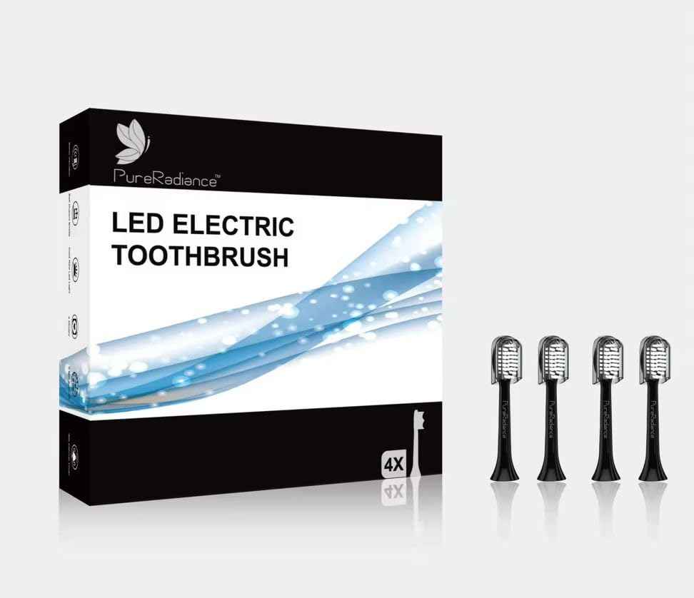 PureRadiance LED Whitening Toothbrush Replacement Heads – Pack of 4, Soft Bristles, Black – Compatible Sonic Brush