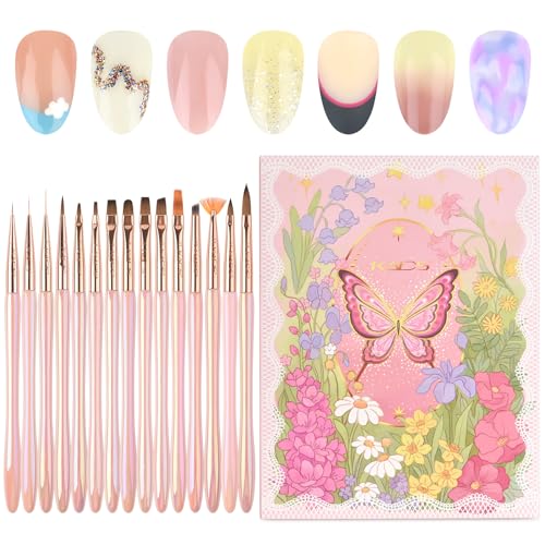 KADS 15Pcs Acrylic Nail Art Application Brushes Nail Art Tips Liner Brush Builder Brush Nail Painting Brush set (15Pcs Butterfly Garden Package)