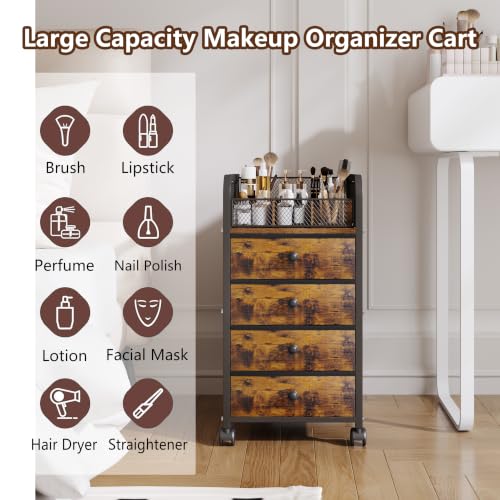 Rolling Makeup Organizer Cart with 4 Drawers & Top Divided Tray