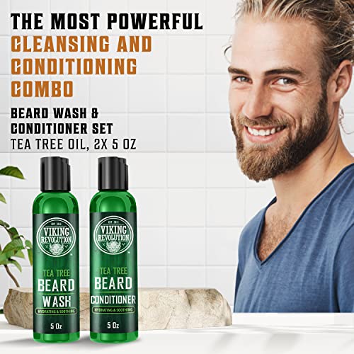 Viking Revolution Tea Tree Beard Wash and Conditioner Set for Men - Natural Beard Softener with Argan Oil, Vitamin E and Ginseng (5 Oz)