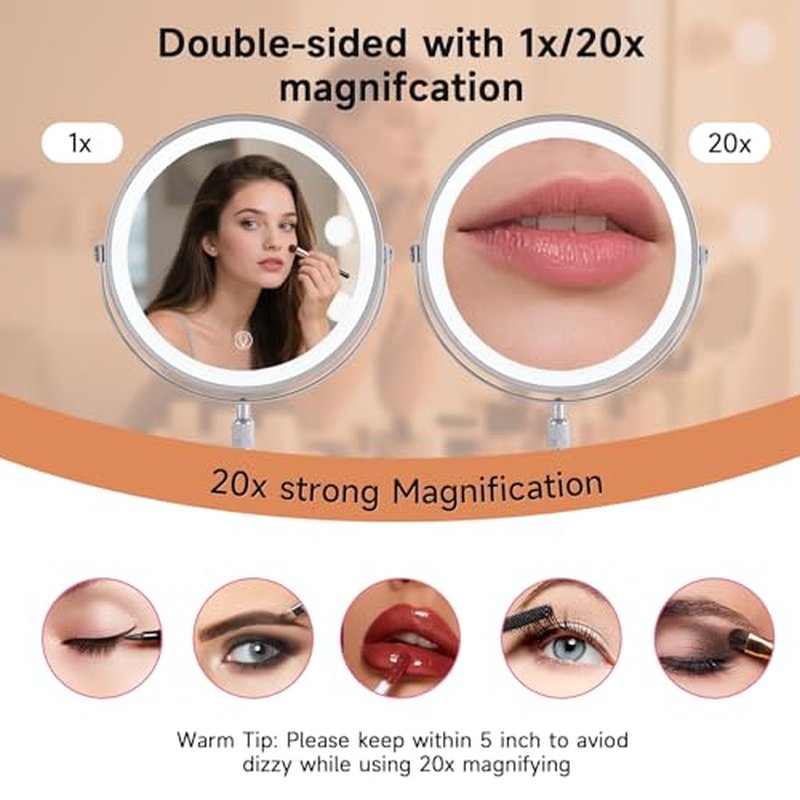 1X/20X Magnifying Makeup Mirror with Lights - 9" Large Dual-Sided Vanity Mirror with 3 Color Lights for Women's Travel Cosmetic Mirror | 3000 mAh-USB Rechargeable | 360¡Æ Rotation | Adjustable Height