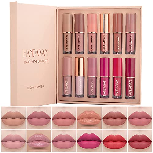 BAISEN DIARY 12 Colors Book Style Velvet Matte Liquid Lipstick Christmas Gift Set Long-Lasting Non-Stick Cup Not Fade Shimmer Nude Lip Gloss Thanks For the Love Lip Set (Set A)