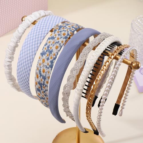 LifeDawn 8Pcs Headbands for Women,Gold Headband Pearl Headband Soft Padded Headbands Plastic Headbands with Teeth for Women's Hair Nonslip Wide Hair Band Cute Hair Accessories for Women,Blue