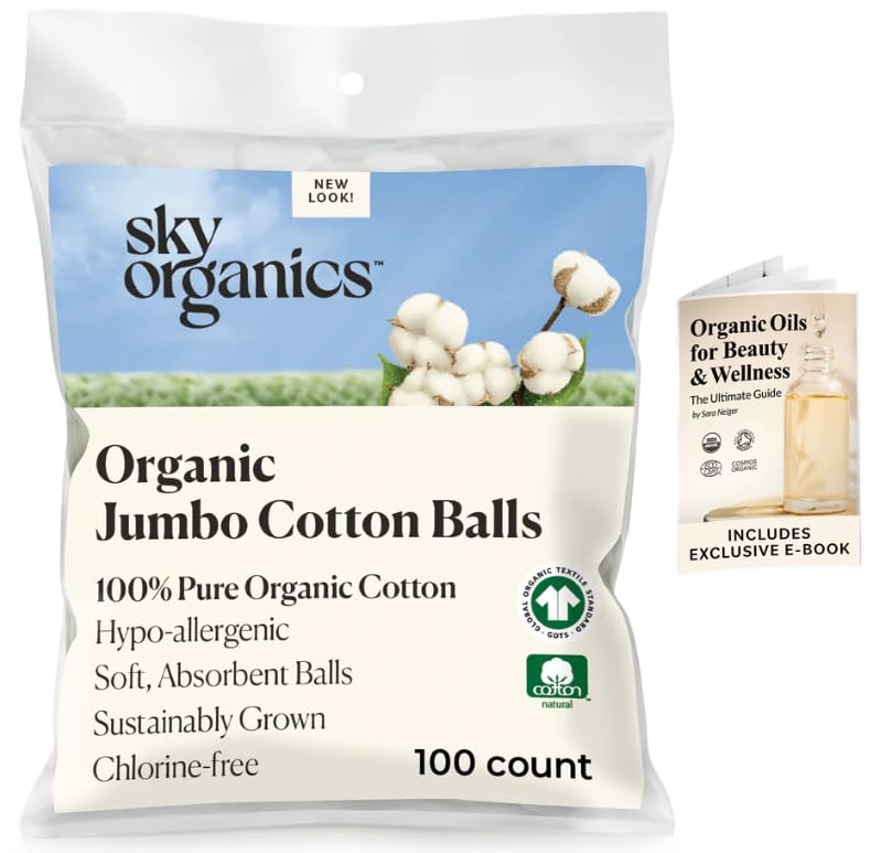 Sky Organics Jumbo Organic Cotton Balls - 100% Pure & Hypoallergenic, 100 ct