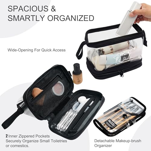 Rough Enough Clear Cosmetic Bag for Women and Men, Leakproof Travel Makeup Organizer, with Detachable Brush Pouch, Large Opening, 6.5¡±x5¡±x8.5¡±