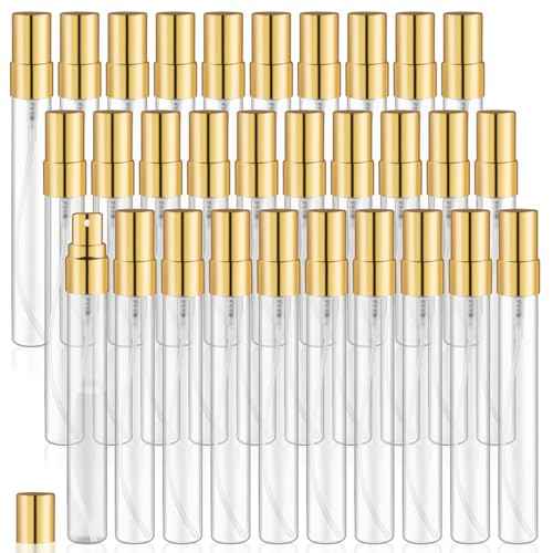 30 Pack Empty Mini Glass Spray Bottle Refillable Fine Mist Perfume Atomizer Portable Travel Sample Spray Bottles Containers For Perfume Essential Oils Cosmetics Liquid (clear bottle, 10ml)