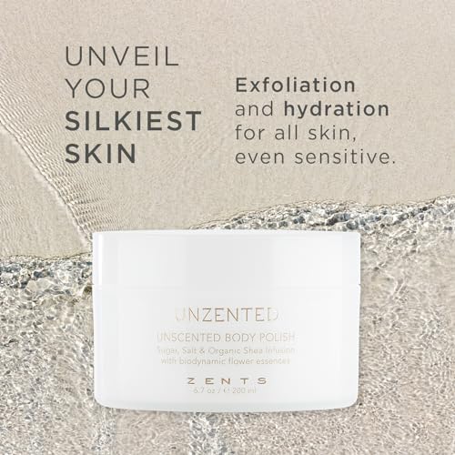 ZENTS Body Polish, Exfoliating Salt & Sugar Body Scrub with Organic Shea Butter, Unzented Fragrance Free for Sensitive Skin, 6.7 oz