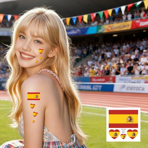 Spain Flag Temporary Tattoos - 10 Sheets Waterproof Sports Body Stickers for Men & Teens
