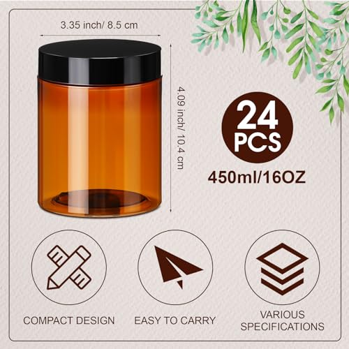 Tanlade 24 Pcs 16 oz Amber Plastic Jars with Lids