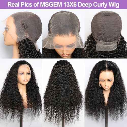 MSGEM Deep Wave Lace Front Wigs Human Hair Deep Curly 13x6 HD Lace Front Wigs Human Hair 180 Density 24 inch 12A Curly Hair Transparent Lace Frontal Wigs for Women Pre Plucked Natural Color