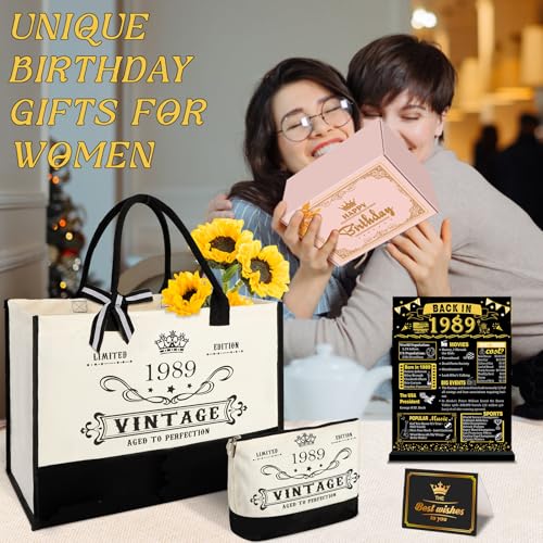YeohJoy 37th Birthday Gifts for Her Canvas Tote Bag Travel Gear, Unique 37 Years Old Birthday Gifts for Wife Women Sister Friends Her, Vintage 1989 Handbag & Makeup Bag & 37th Greeting Card