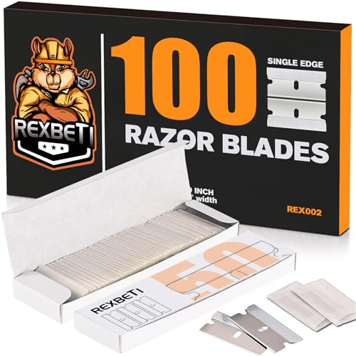 REXBETI 100PCS Single Edge Razor Blades, Industrial Razor Blades for Scraper, Suitable for Removing Labels, Decals, Stickers and Old Paint