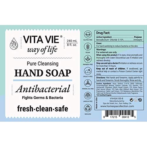 Liquid Hand Soap, Antibacterial Hand Wash With Hazel, Willow Bark Extract and Tea Tree Oil, Gentle and Non Drying for Everyday Use, Vegan, Paraben and Alcohol Free, Non GMO, 8 Fl Oz, 3 Pack
