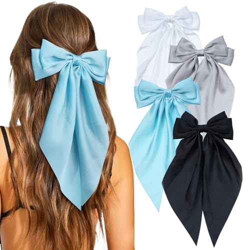 4 Pcs Hair Bows for Women Big Ribbon Bows for Hair Long Tail Bow Hair Clips Cute Hair Barrettes Hair Accessories for Girls (Blue + White + Gray + Black)