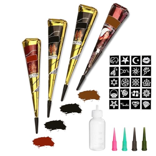 Temporary Tattoo Kit - 4 Paste Cones, 20 Stencils, Natural & Waterproof
