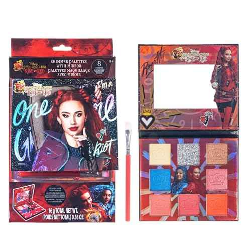 Descendants: The Rise of Red - 8 Well Eyeshadow Shimmer Palette with Mirror and brush, Shimmery and Opaque Colors, Pigmented Blendable for Girls Ages 8+, Perfect for Birthday, Parties by Townley Girl