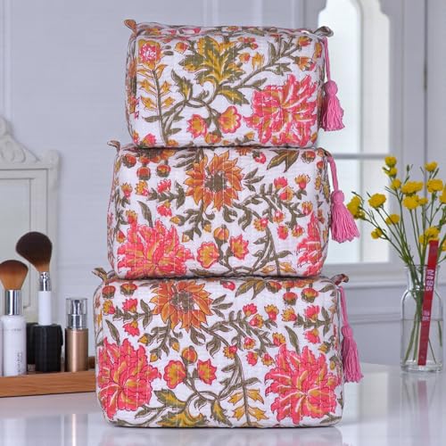 Quilted Floral Block Print Makeup Bag Set of 3 ? Cotton Travel Toiletry and Makeup Organizer, Cosmetic Pouch, Toiletry Bag for Women, Cute Boho Coquette Make Up Bags for Women (Small, Medium, Large)