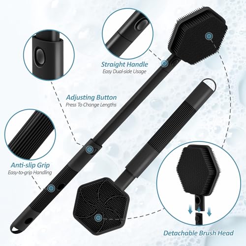 Silicone Back/Face Scrubber & Bath Glove Set 3PCS, Extendable Back Scrubber with Dual-Side Large Head, 360¡Æ Anti-Slip Bath Glove, Unique Side-bristle Face Scrubber for All-round Cleaning(Black)