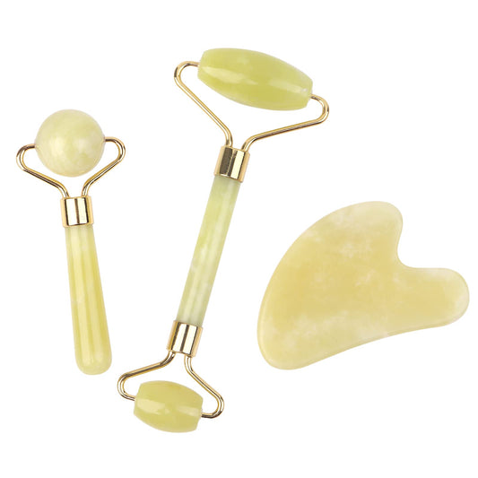 HOTACE 3PCS Jade Roller Guasha Set for Face Facial Massager Tool Natural Jade Stone Facial Roller Anti Aging,Face Beauty Set for Eye Anti-Wrinkle-Yellow