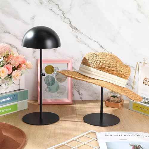 Sintuff 2 Pcs Hat Display Stand 7.9-15.7 Inch Adjustable Hat Holder Sturdy Wigs Head Stand Anti-rust Non-slip Stable Stainless Steel Metal Hat Rack for Multiple Hats Storage Wig(Black,Round Base)