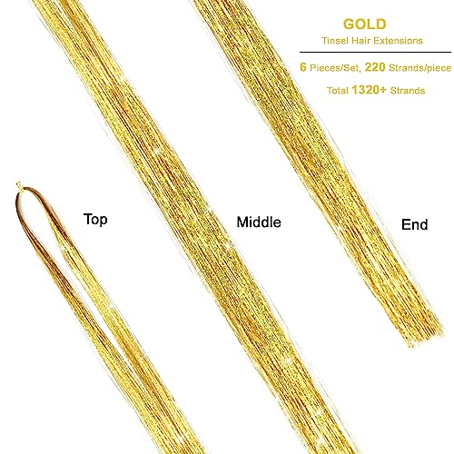 AIAIZHQH Hair Tinsel Kit Gold Fairy Hair Tinsel with Tools Tinsel Hair Extensions Heat Resistant 6Pcs 1400 Strands Sparkling Glitter Hair Extensions Hair Tensile Kit Hair Accessories for Women Girls